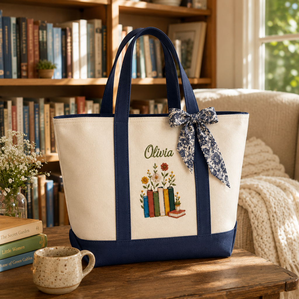 Personalized Embroidery Tote Bag for Teacher with Floral Design