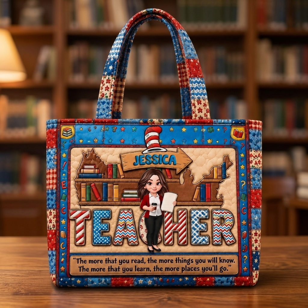 Personalized Quilted Tote Bag for Teacher Gift - Custom Name Quilted Tote Bag GradoCreations