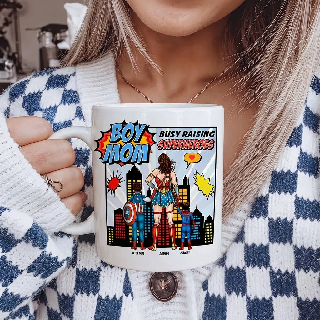 Personalized Boy Mom Ceramic Mug Busy Raising Superheroes Gift for Mom Mug GradoCreations