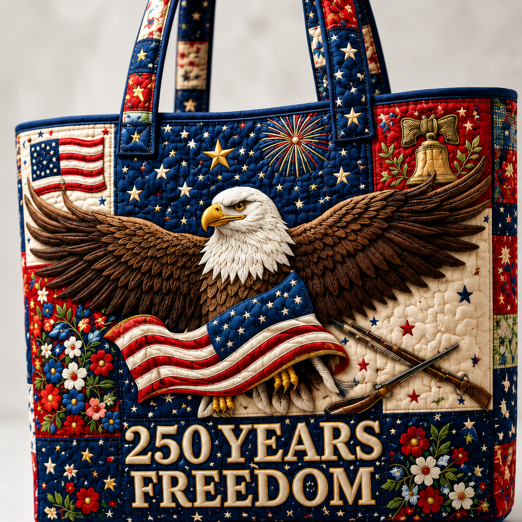 Quilted Patriotic Tote Bag with Bald Eagle 250 Years Freedom Gift for Her