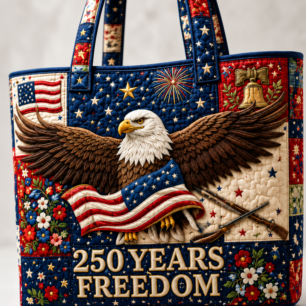 Quilted Patriotic Tote Bag with Bald Eagle 250 Years Freedom Gift for Her