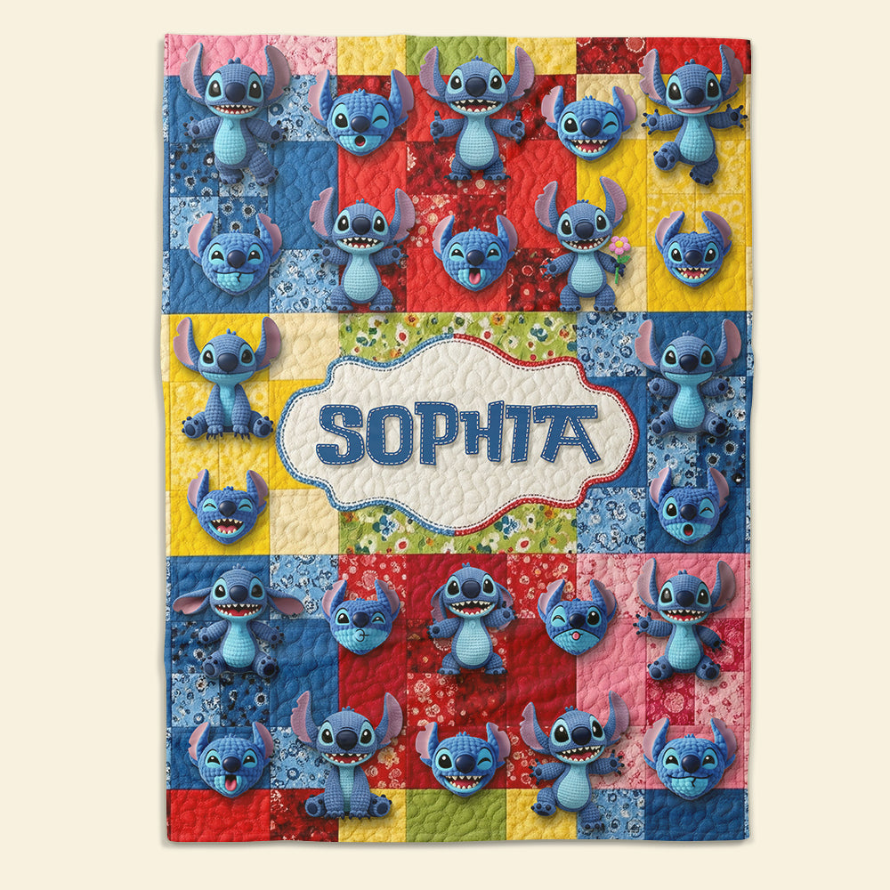 Personalized Cute Blue Stitch Blanket Custom Name Gift for Kids