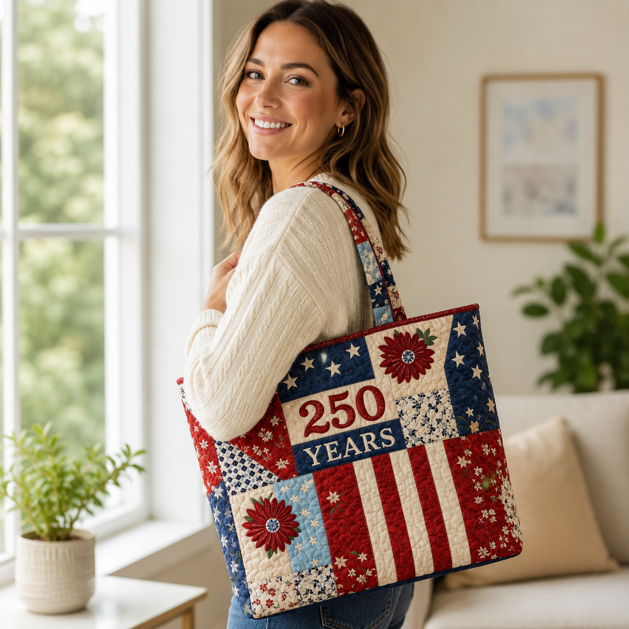Quilted Tote Bag 250th Anniversary Floral Design Gift for Her