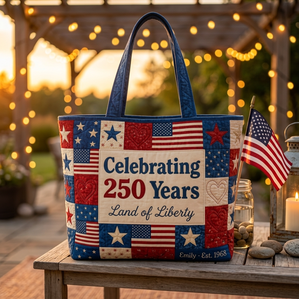 Personalized Quilted Tote Bag with Patriotic Design for Her - 250 Years Land of Liberty Gift