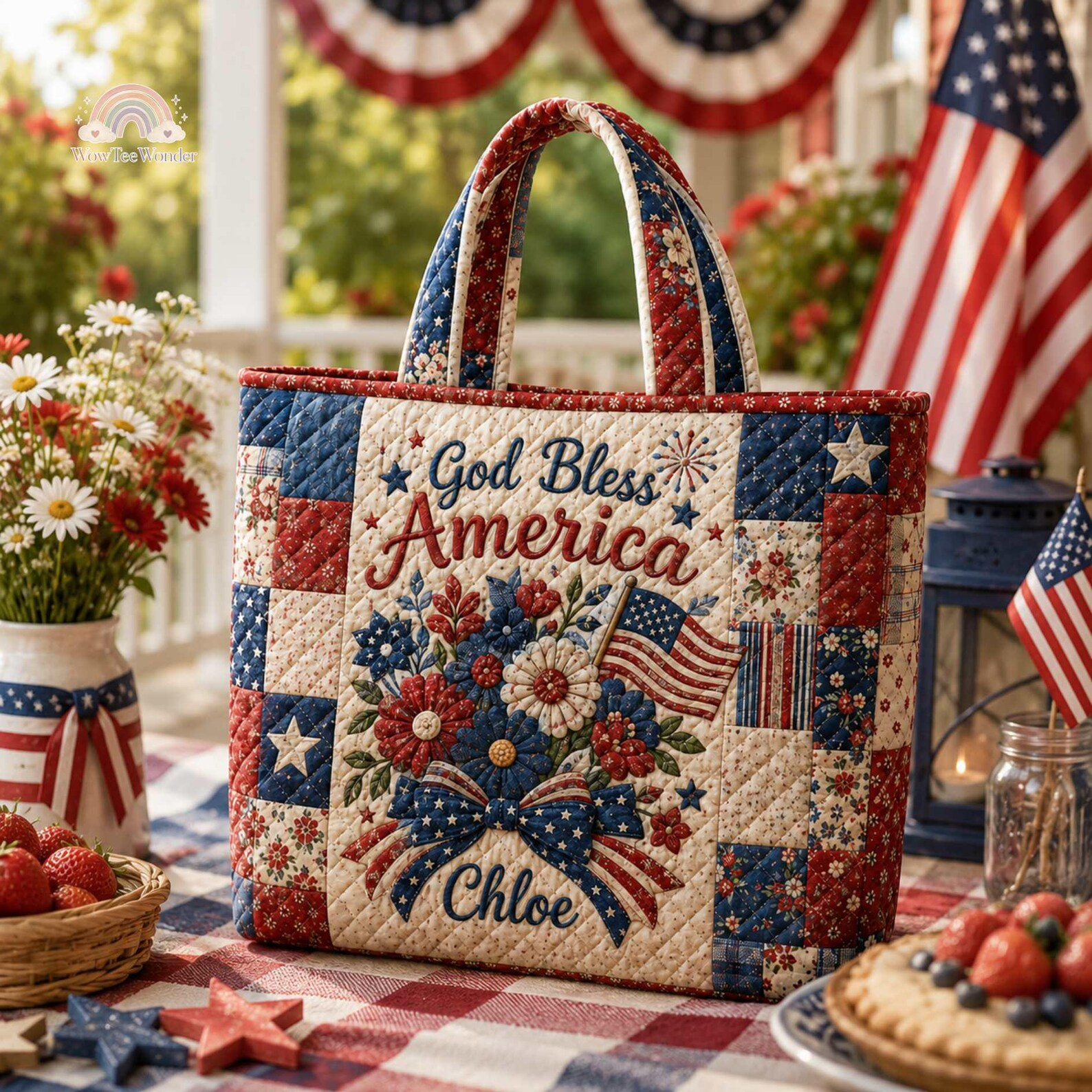 Personalized Patriotic Floral Quilted Tote Bag Gift for Patriots