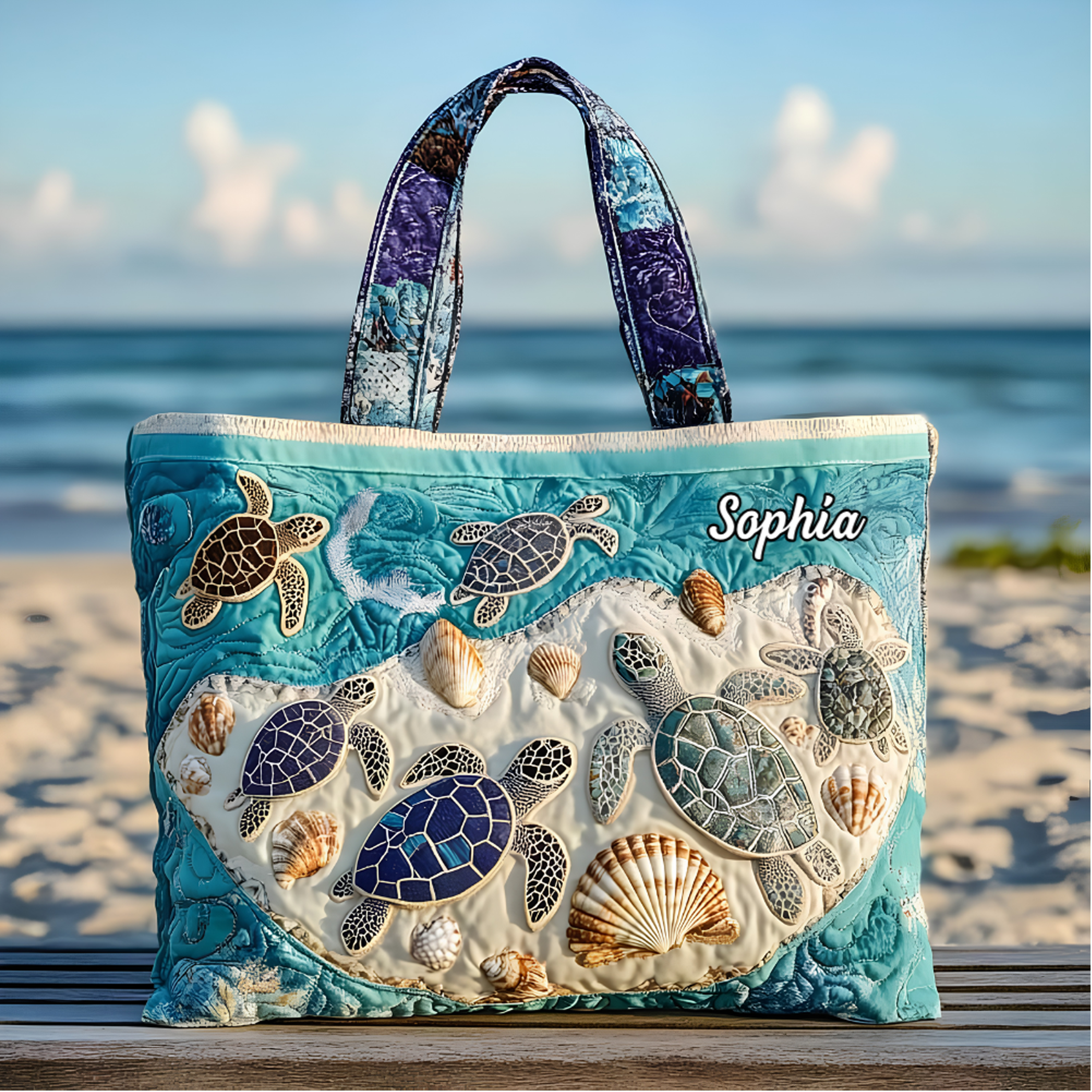 Personalized Quilted Tote Bag with Turtle Design Gift for Her
