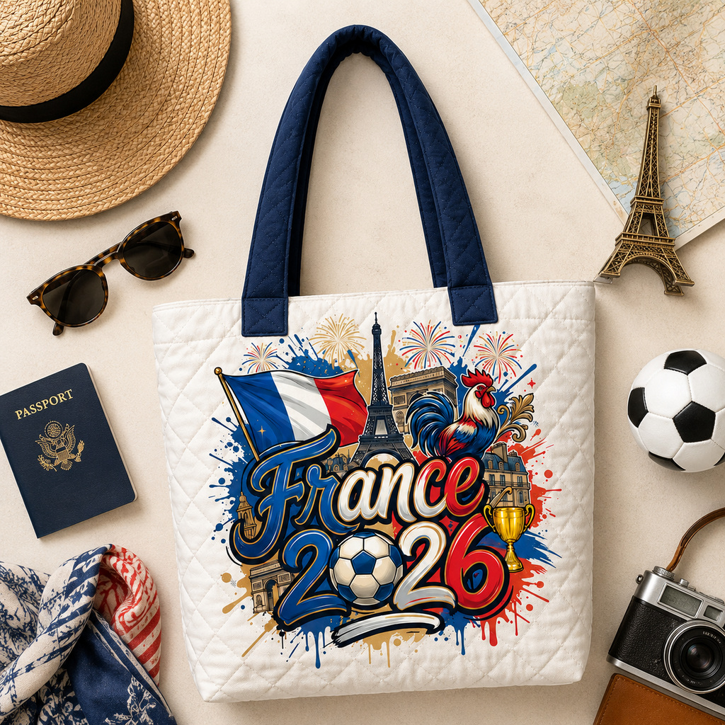 Quilted Tote Bag France Flag 2026 Soccer Cup Gift for Fans