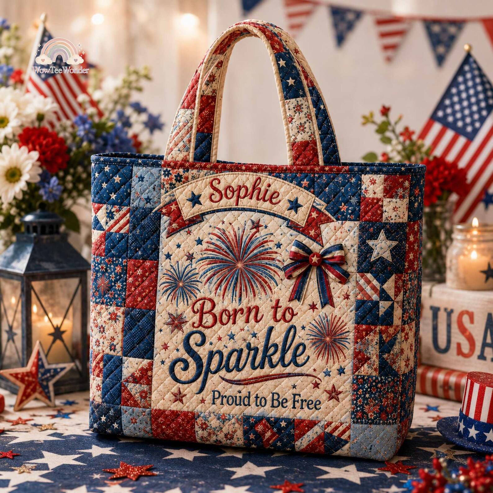 Personalized Quilted Tote Bag with Fireworks Design for 4th of July Patriot Gift
