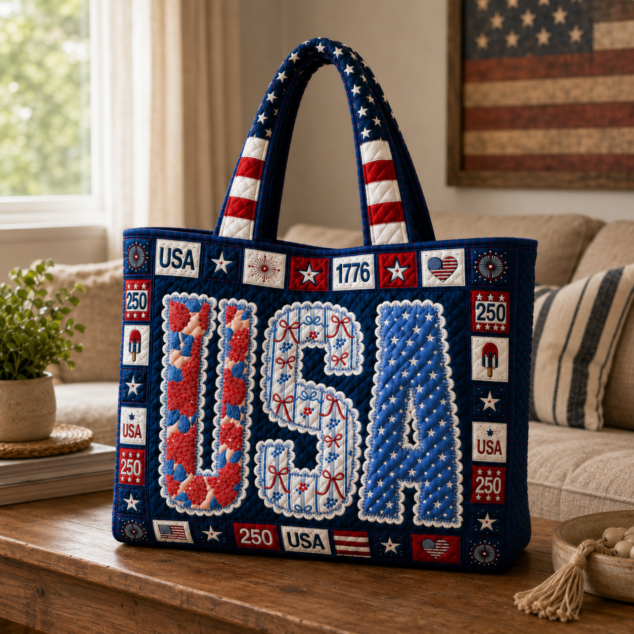 Patriotic Quilted Tote Bag Custom Design Ideal Gift for Her