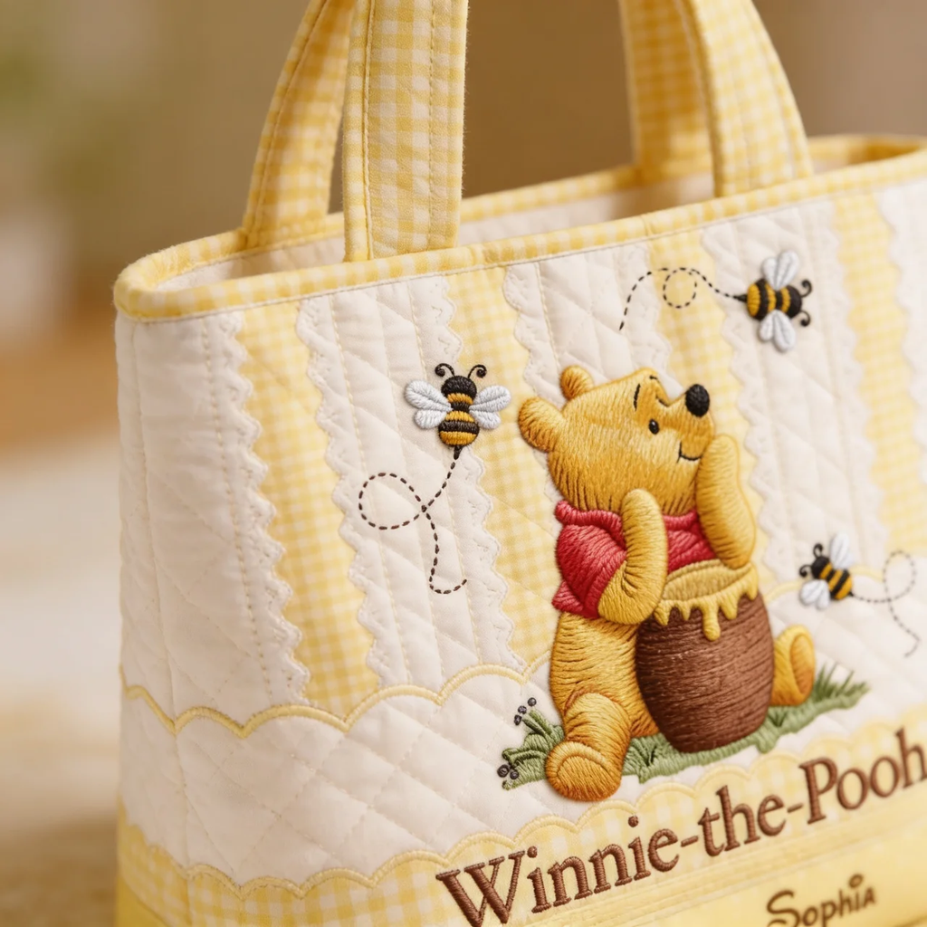 Personalized Quilted Tote Bag with Winnie the Pooh - Gift for Her