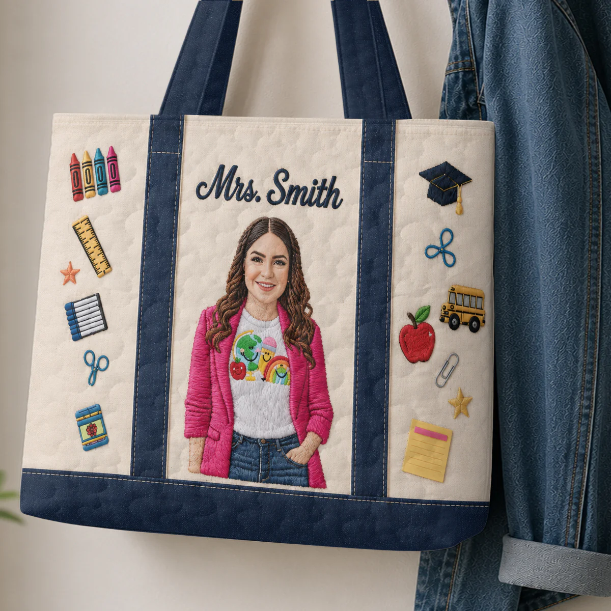 Personalized Embroidery Tote Bag Custom Photo Gift for Teacher