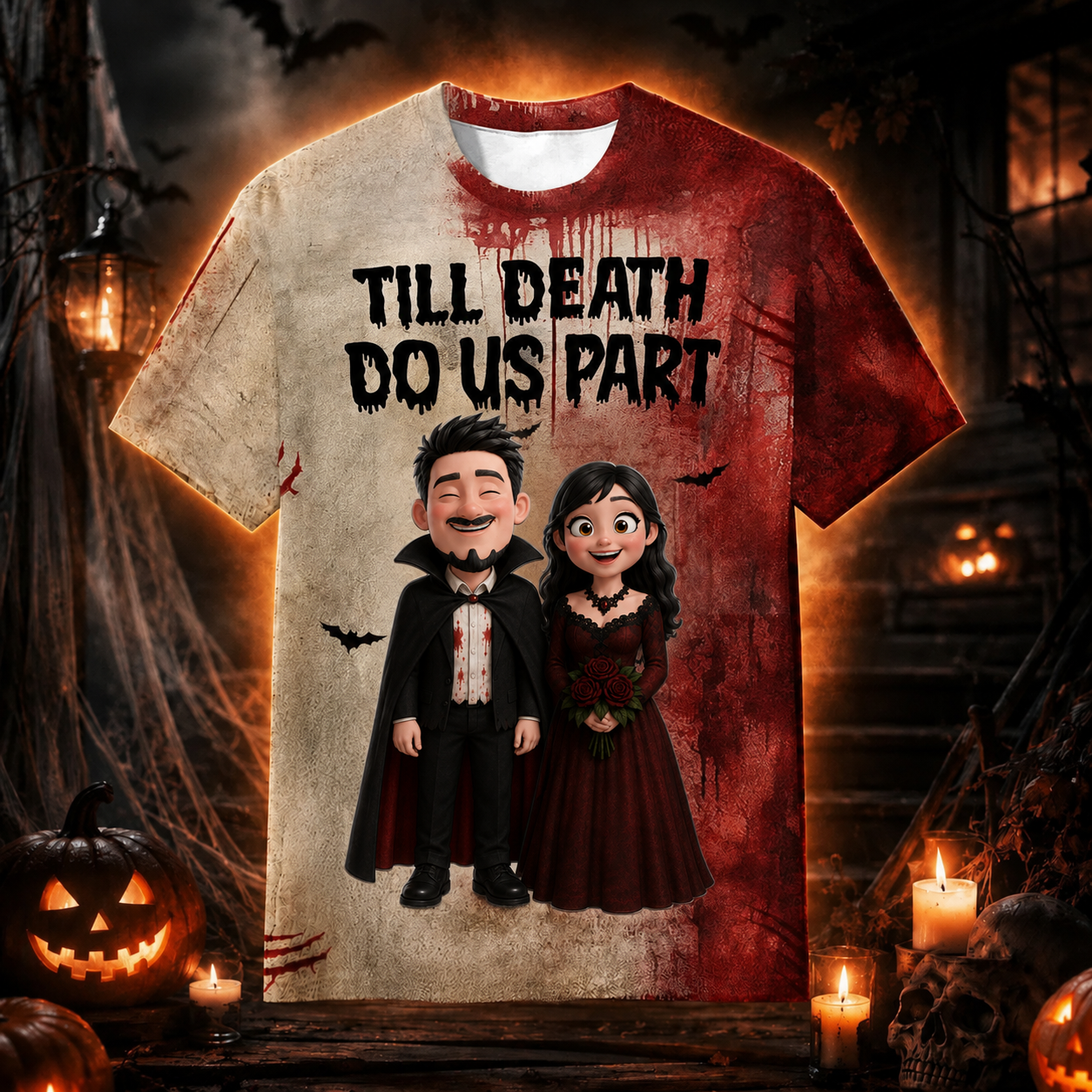 Personalized Halloween AOP T-shirt for Couples | Till Death Do Us Part AOP Tshirt GradoCreations