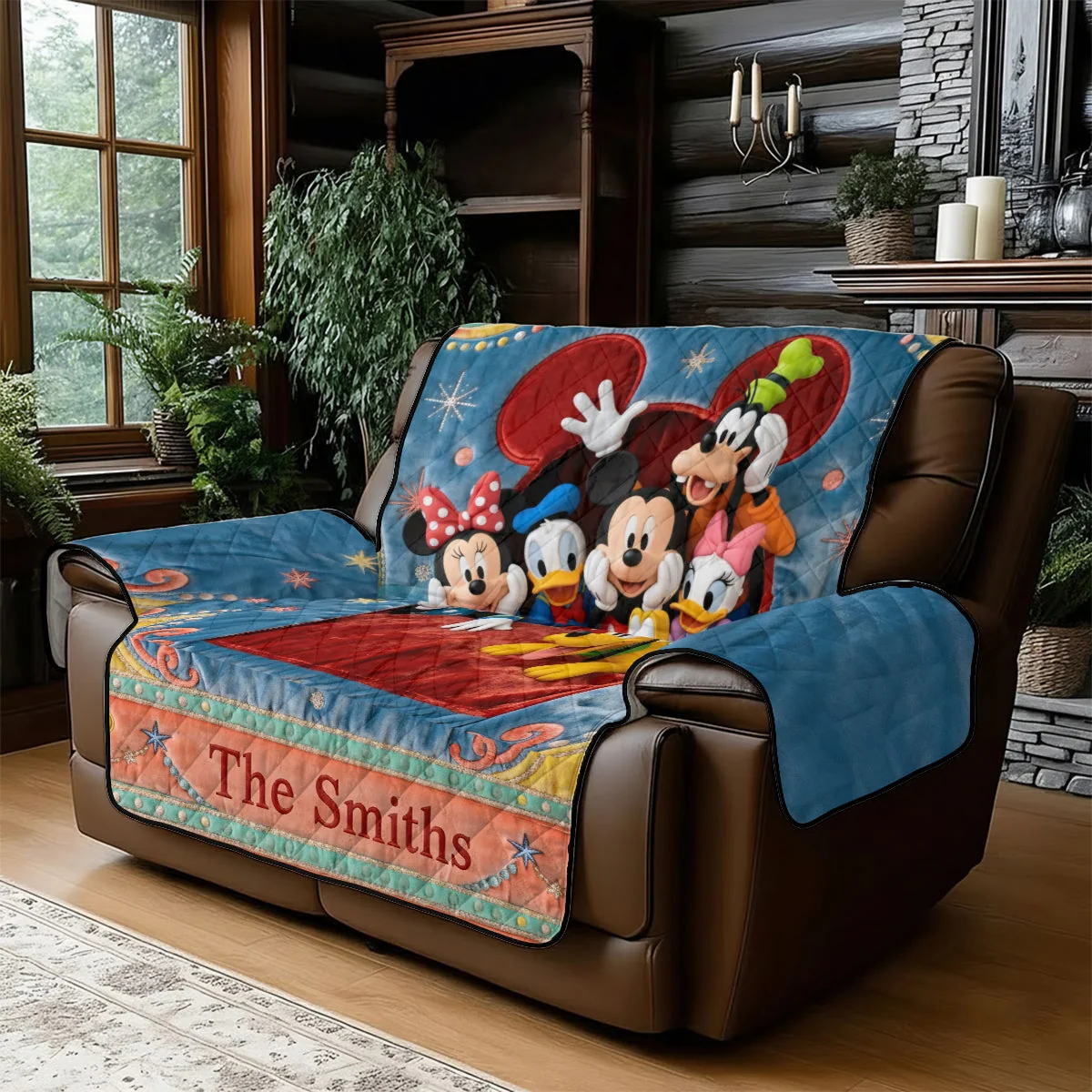 Personalized Quilted Sofa Cover with Disney Characters | Custom Family Gift Quited Sofa Cover GradoCreations