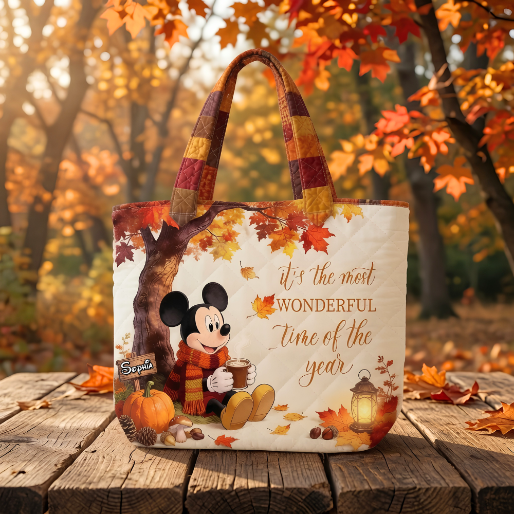 Personalized Quilted Tote Bag Fall Vibes Mickey Mouse Gift Quilted Tote Bag GradoCreations