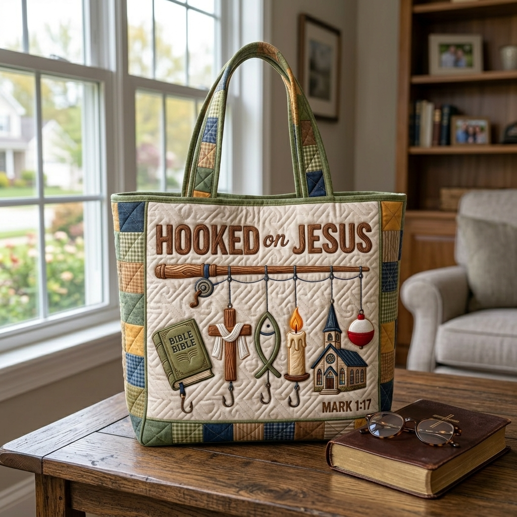 Quilted Tote Bag Hooked on Jesus Mark 1:17 Christian Gift for Fishermen