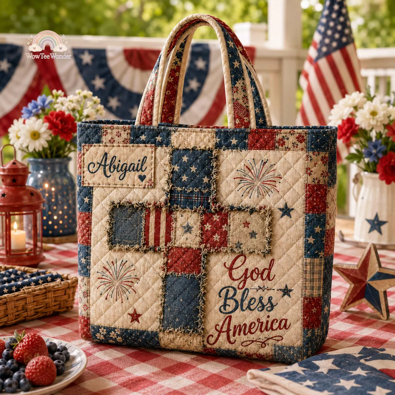 Personalized Quilted Tote Bag American Flag Floral Gift for Patriots