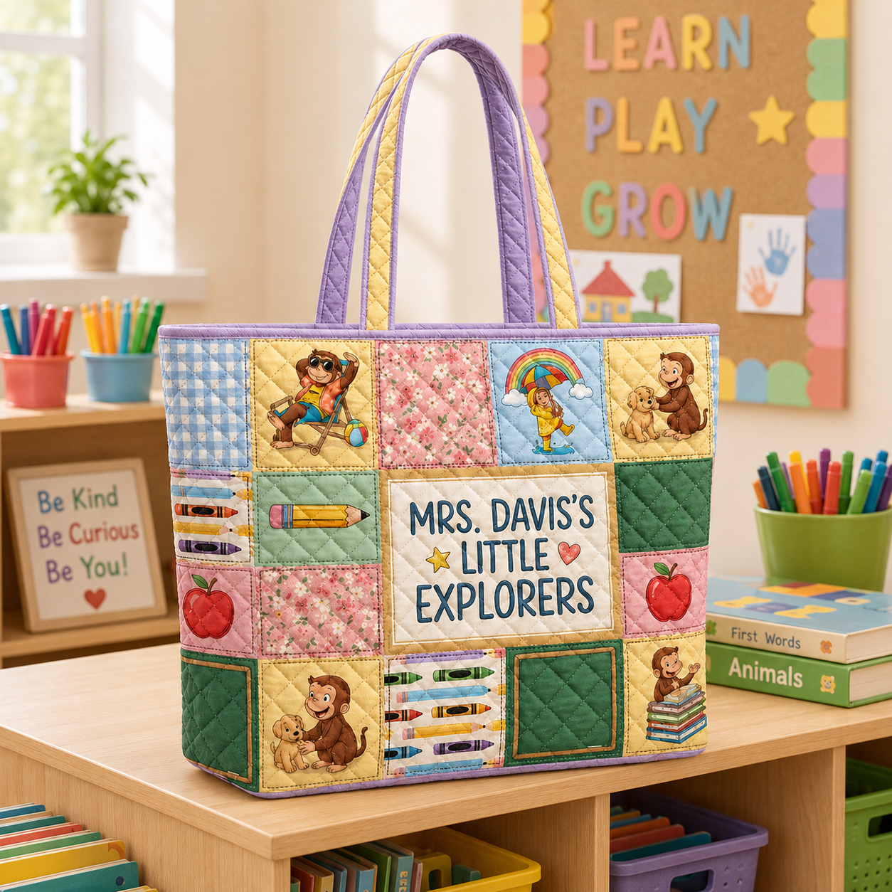 Personalized Quilted Tote Bag for Teacher Little Explorers Gift