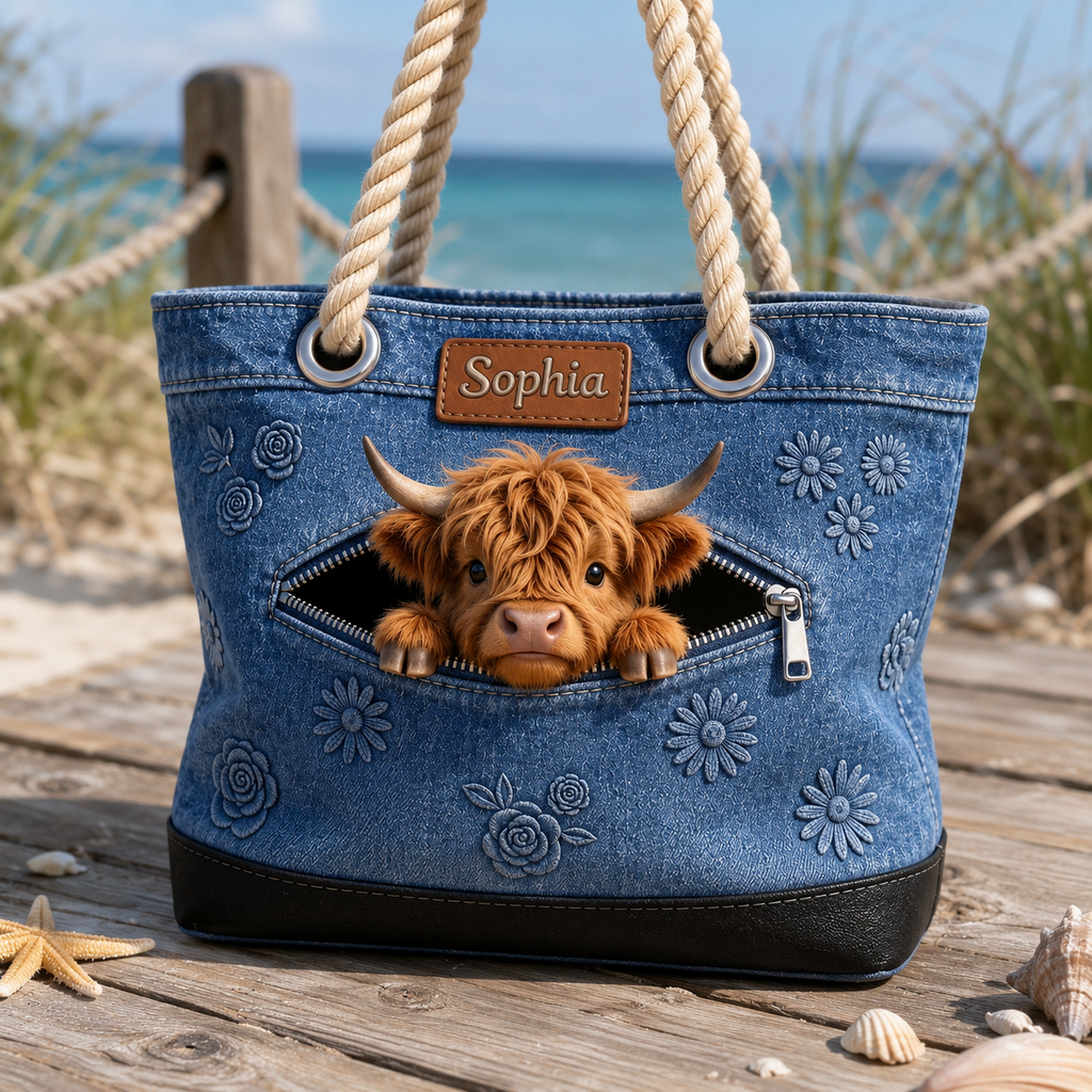 Personalized Highland Cow Denim Beach Bag Custom Name Gift for Farmer