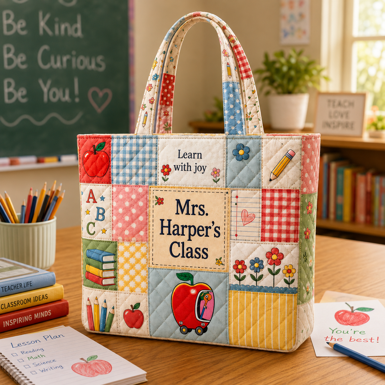 Personalized Quilted Tote Bag for Teachers with Custom Name and Apple Design