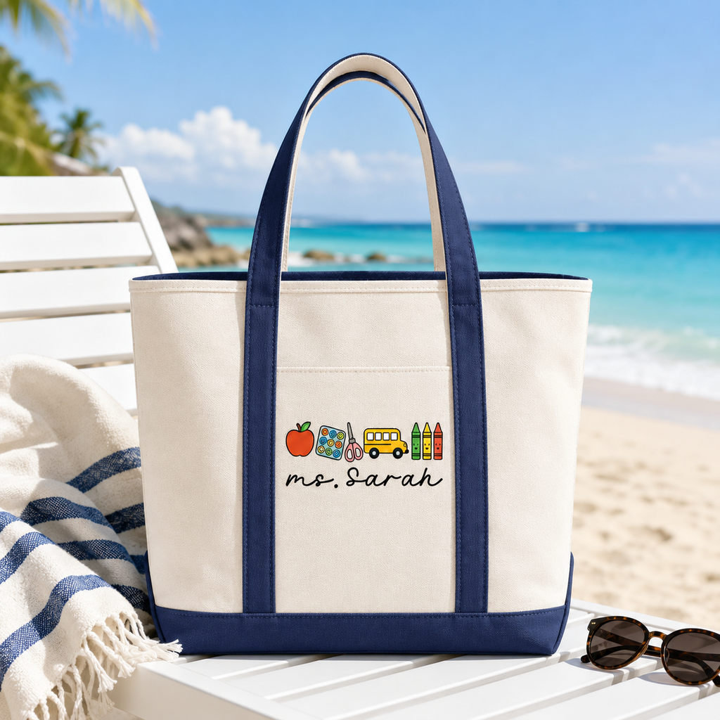 Personalized Embroidery Tote Bag with School Bus Design for Teacher