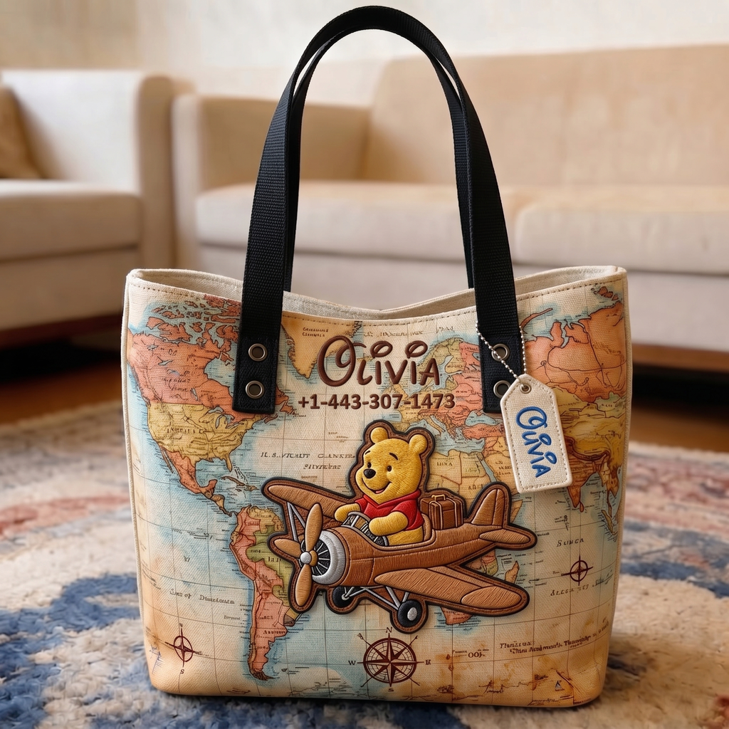 Personalized Winnie the Pooh Travel Tote Bag with Name - Gift for Movie Fans