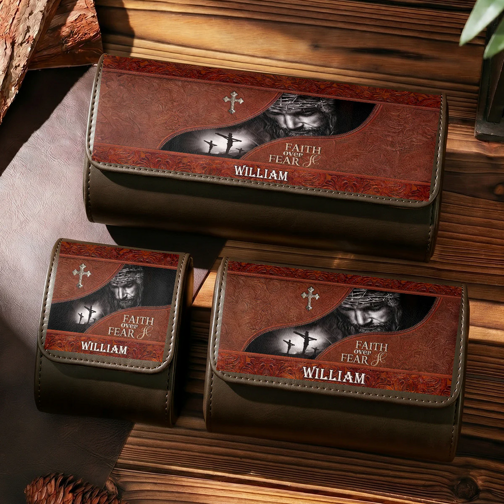 Personalized Leather Watch Case Faith Over Fear Gift for Dad