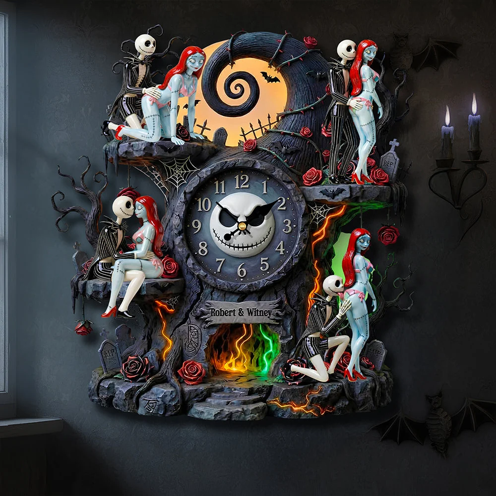 Personalized Spooky Couple Wall Hanging Clock Custom Name Gift for Halloween Wall Hanging Clock GradoCreations