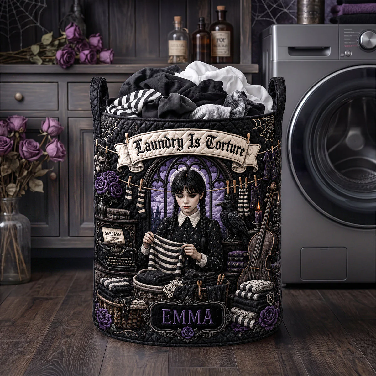 Personalized Gothic Quilted Laundry Basket Custom Name Gift for Her Halloween Quilted Laundry Basket GradoCreations