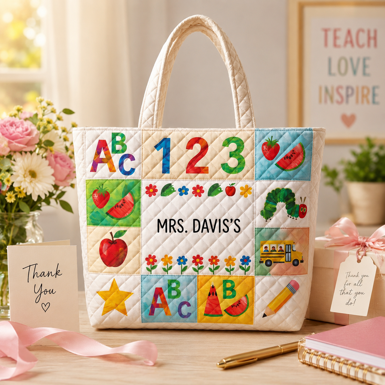Personalized Quilted Tote Bag with ABC Design for Teachers - Custom Name Gift