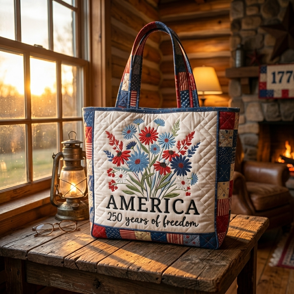 Patriotic Quilted Tote Bag with Flower Design for Her - Independence Day Gift