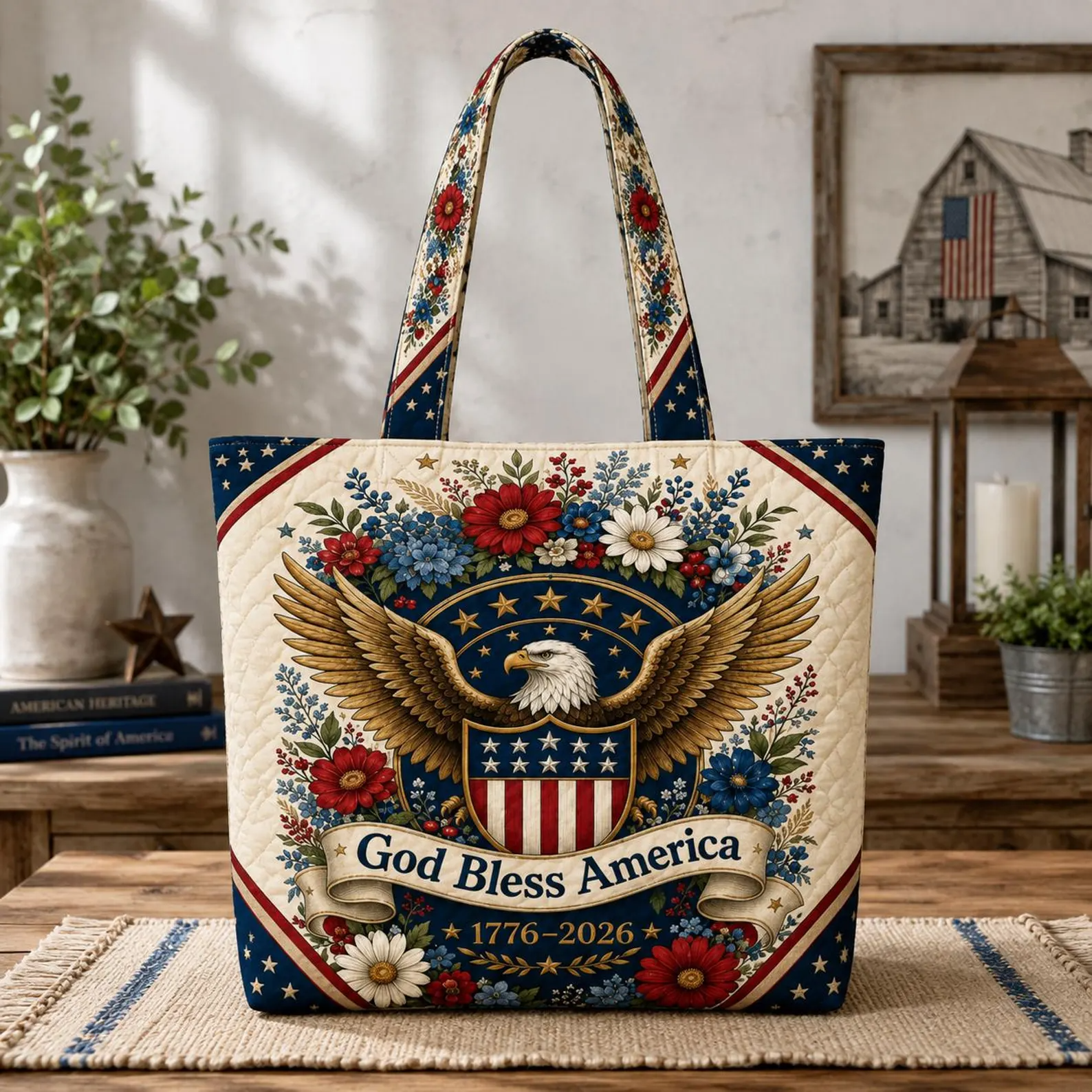 Patriotic Eagle Floral Quilted Tote Bag Gift for Patriots