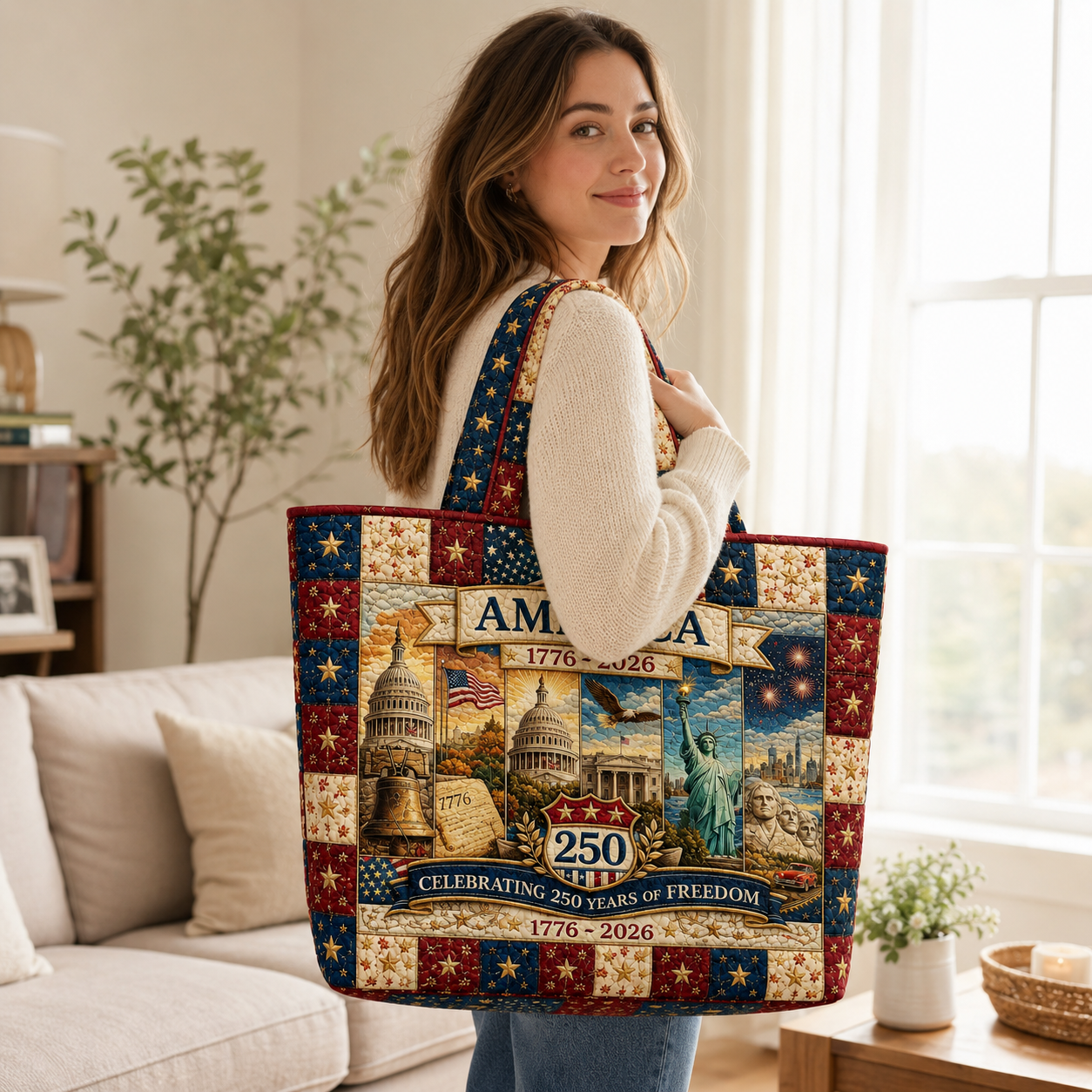 Patriotic Quilted Tote Bag with Eagle Design Gift for Her