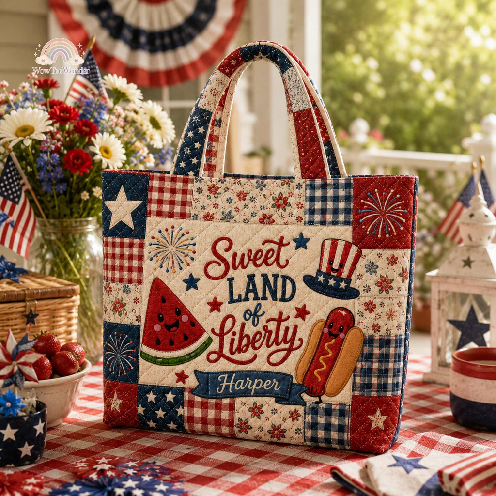 Personalized Quilted Tote Bag Custom Name Sweet Land of Liberty Gift for Independence Day
