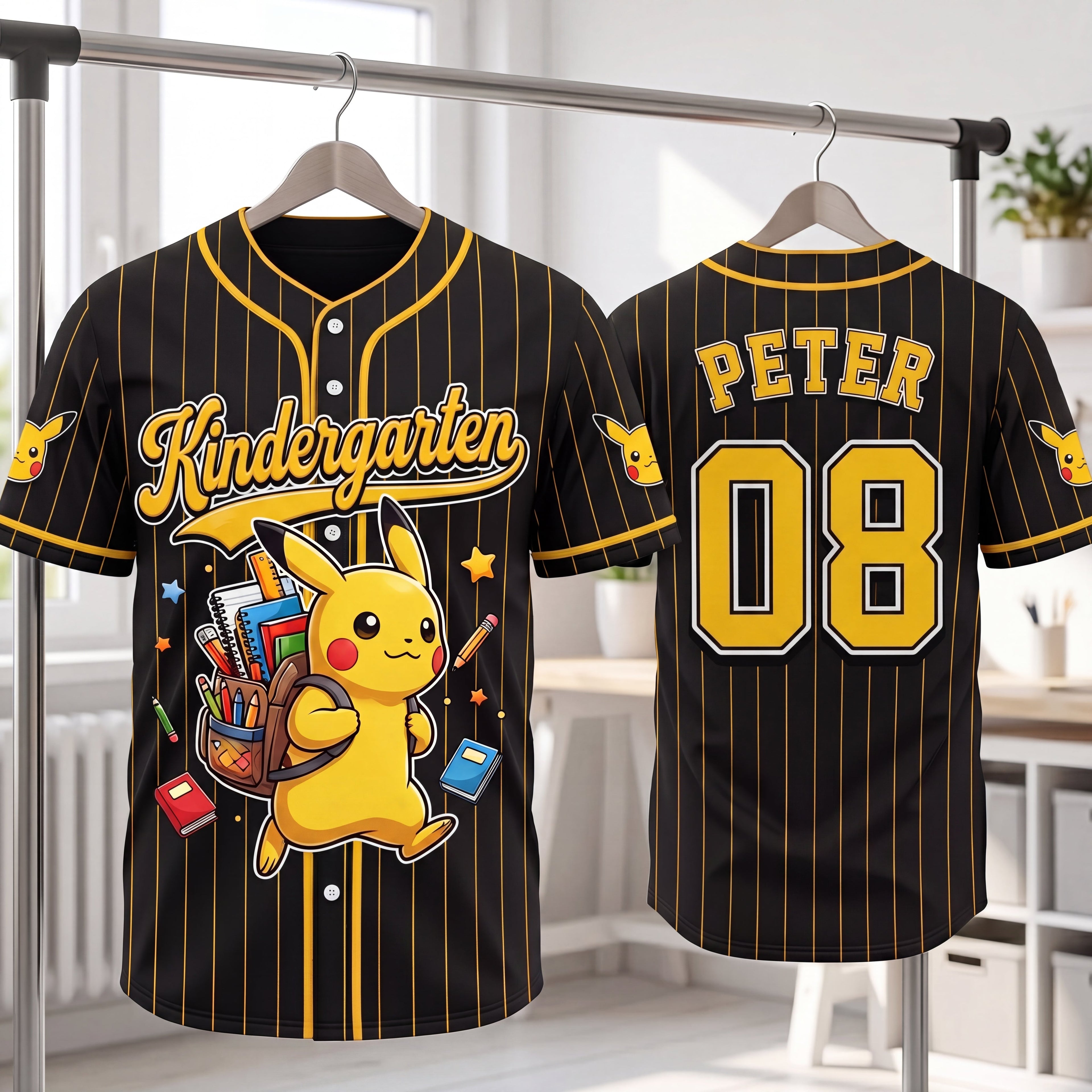 Personalized Kids Baseball Jersey with Pikachu Design for Back to School Gift Kid Baseball Jersey GradoCreations