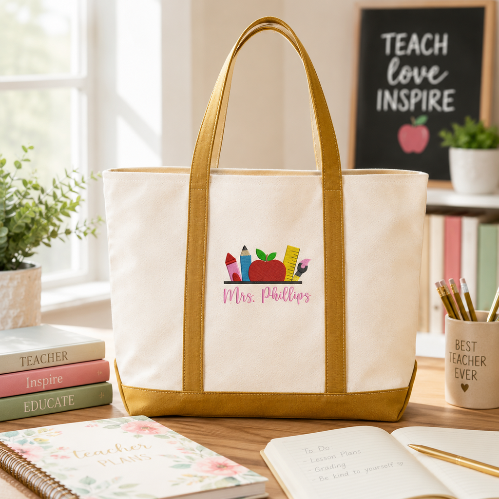 Personalized Teacher Tote Bag with Embroidered Name - Gift for Back to School