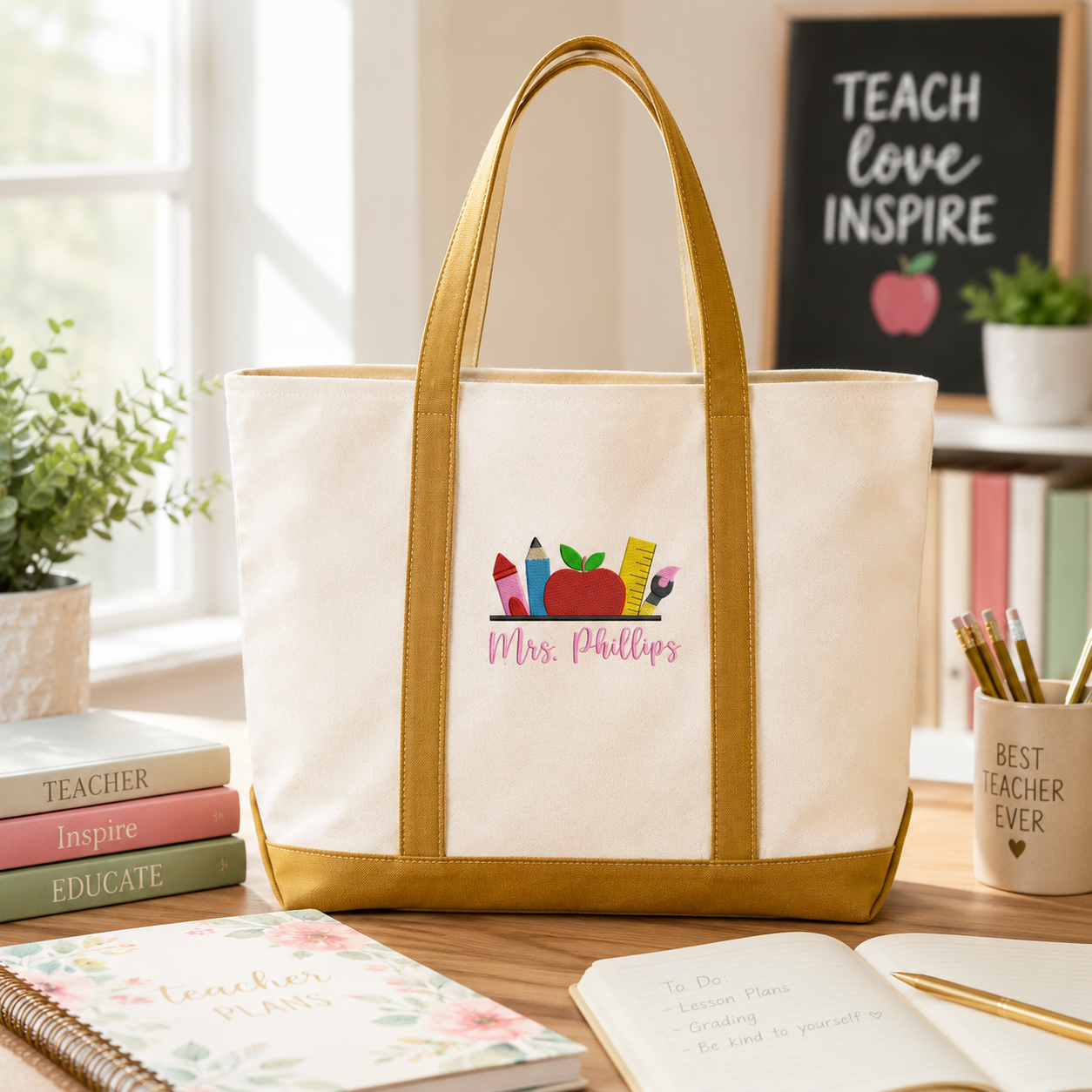 Personalized Teacher Tote Bag with Embroidered Name - Gift for Back to School