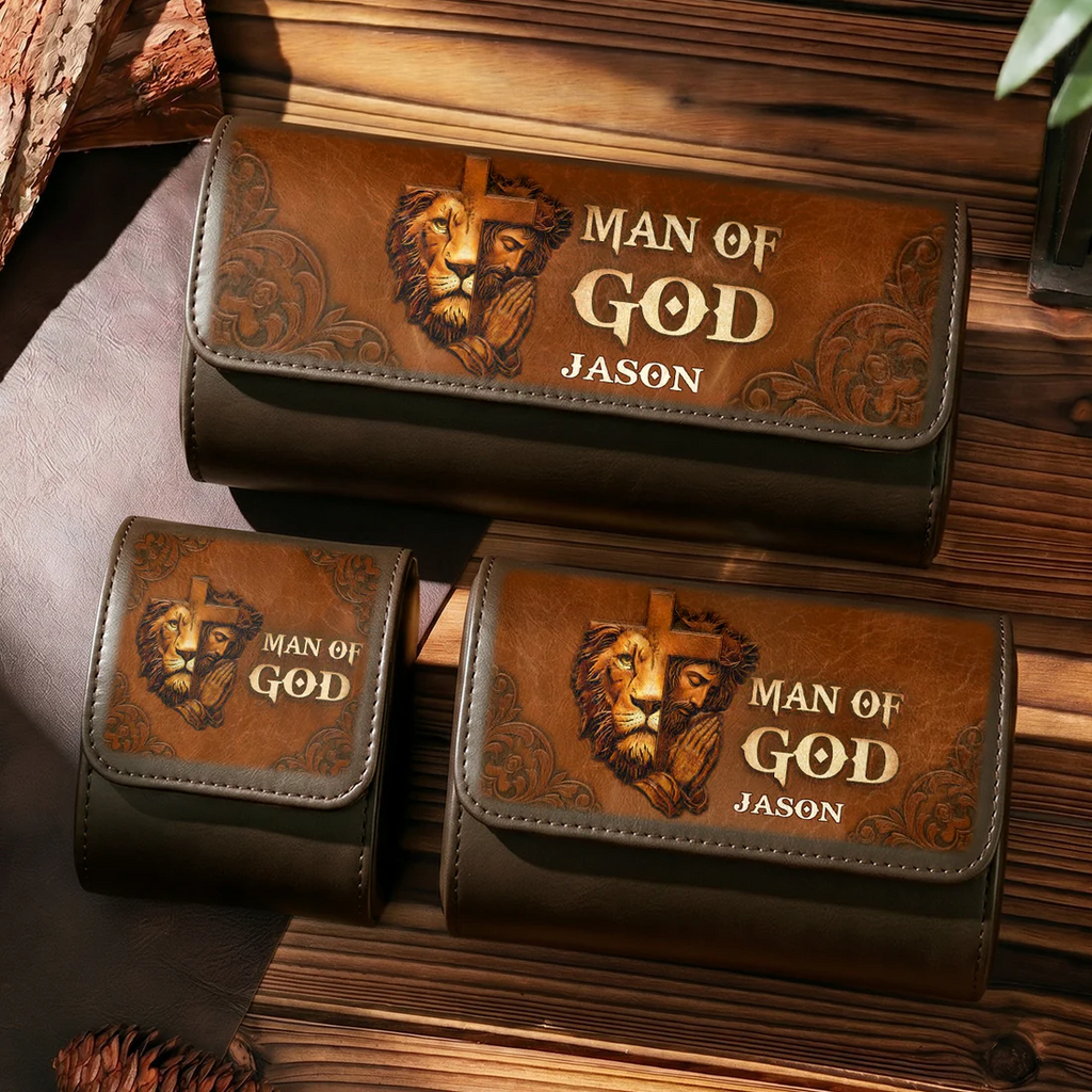 Personalized Leather Watch Case with Man Of God Design Gift for Dad