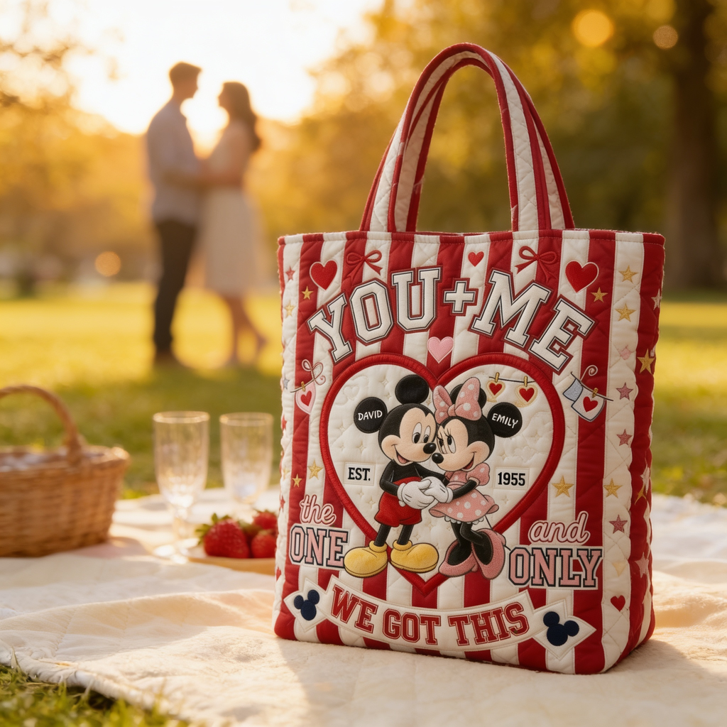 Personalized Quilted Tote Bag for Couples Gift - Custom Name Heart Design
