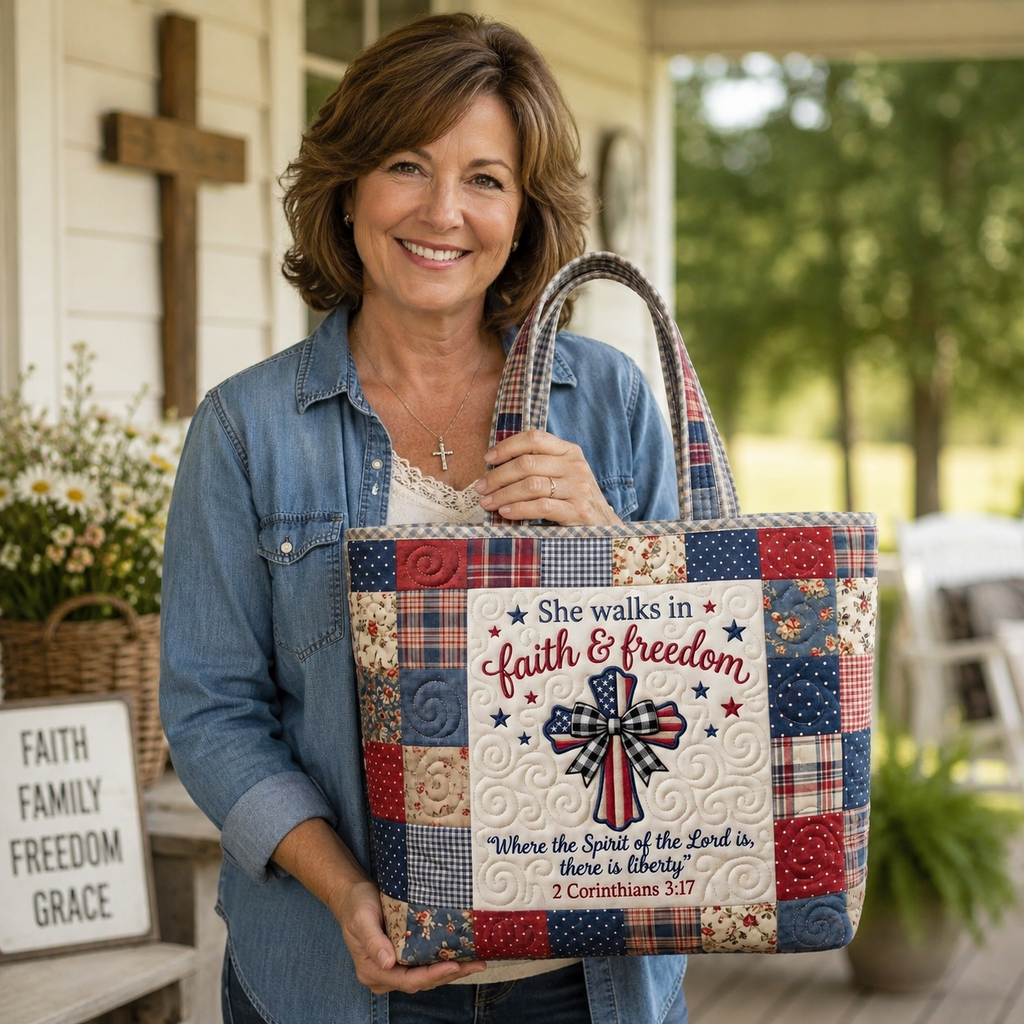 Personalized Patriotic Quilted Tote Bag with Bible Verse for Her