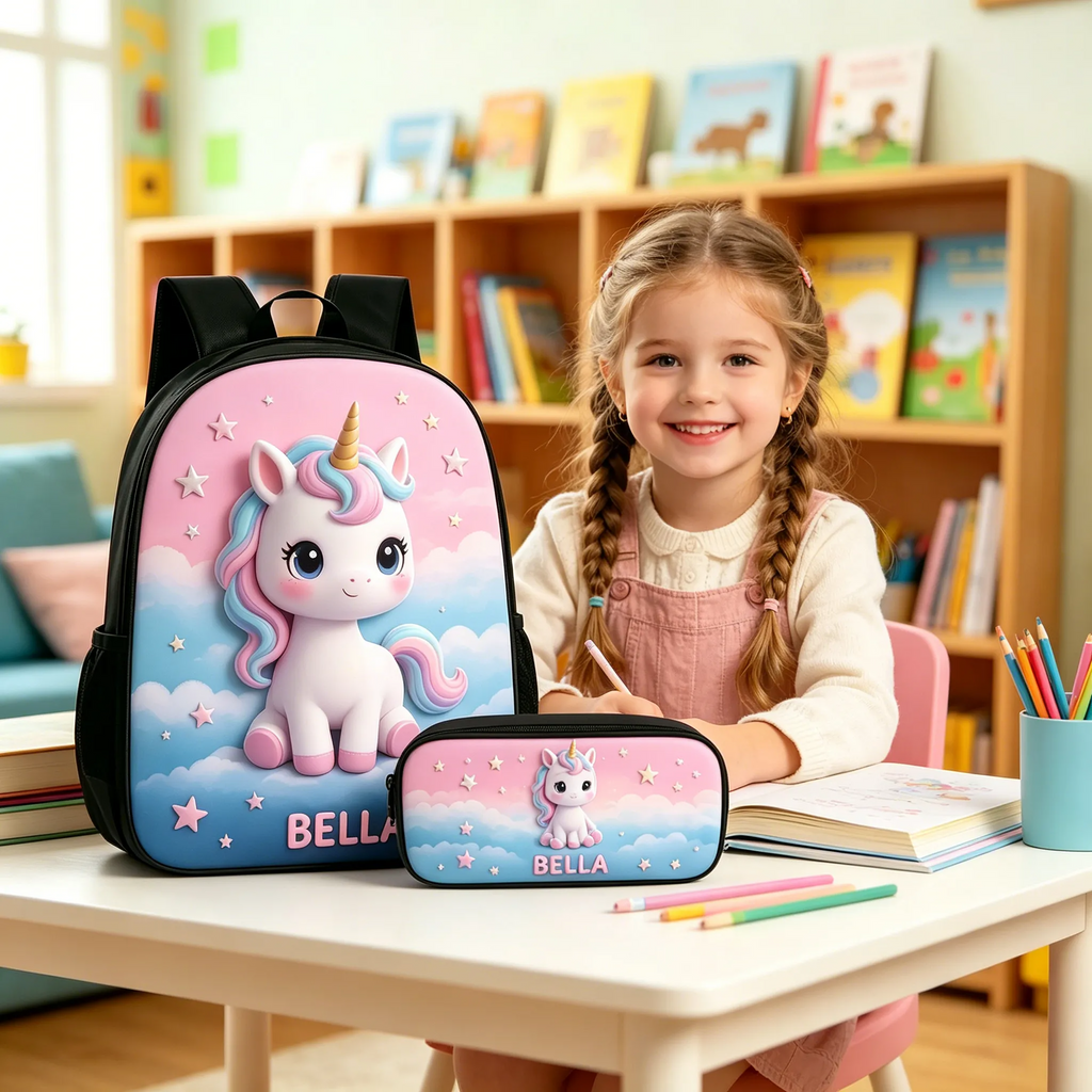 Personalized Cute Animal Backpack Set with Lunch Bag, Pencil Case & Water Bottle for Kids