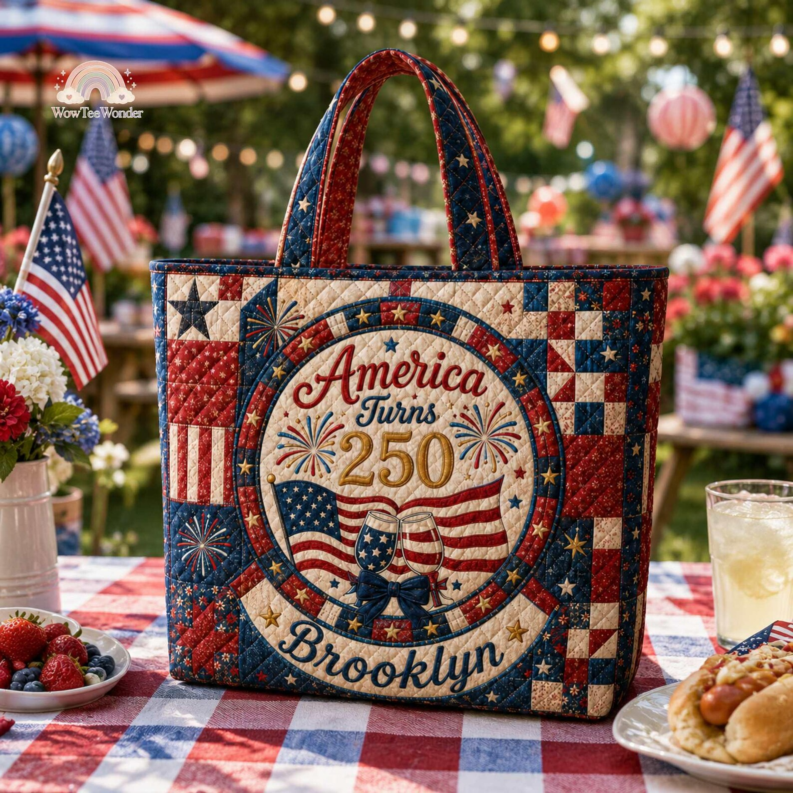 Personalized American Flag Quilted Tote Bag Custom Name Gift for Patriots