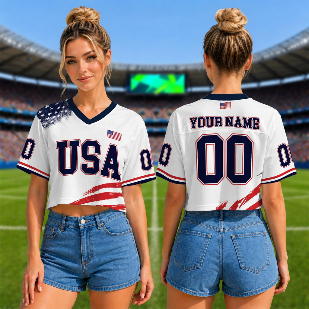 Personalized USA Flag Crop Tee Custom Name Jersey Gift for Sports Fans