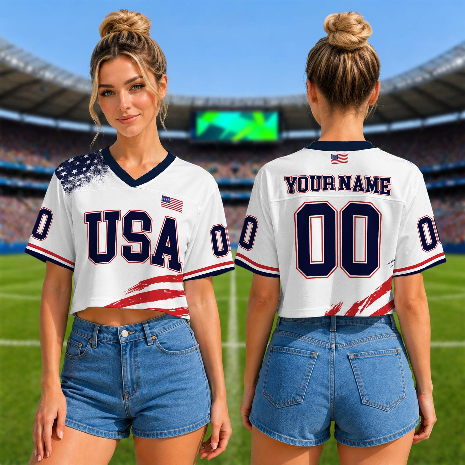 Personalized USA Flag Crop Tee Custom Name Jersey Gift for Sports Fans
