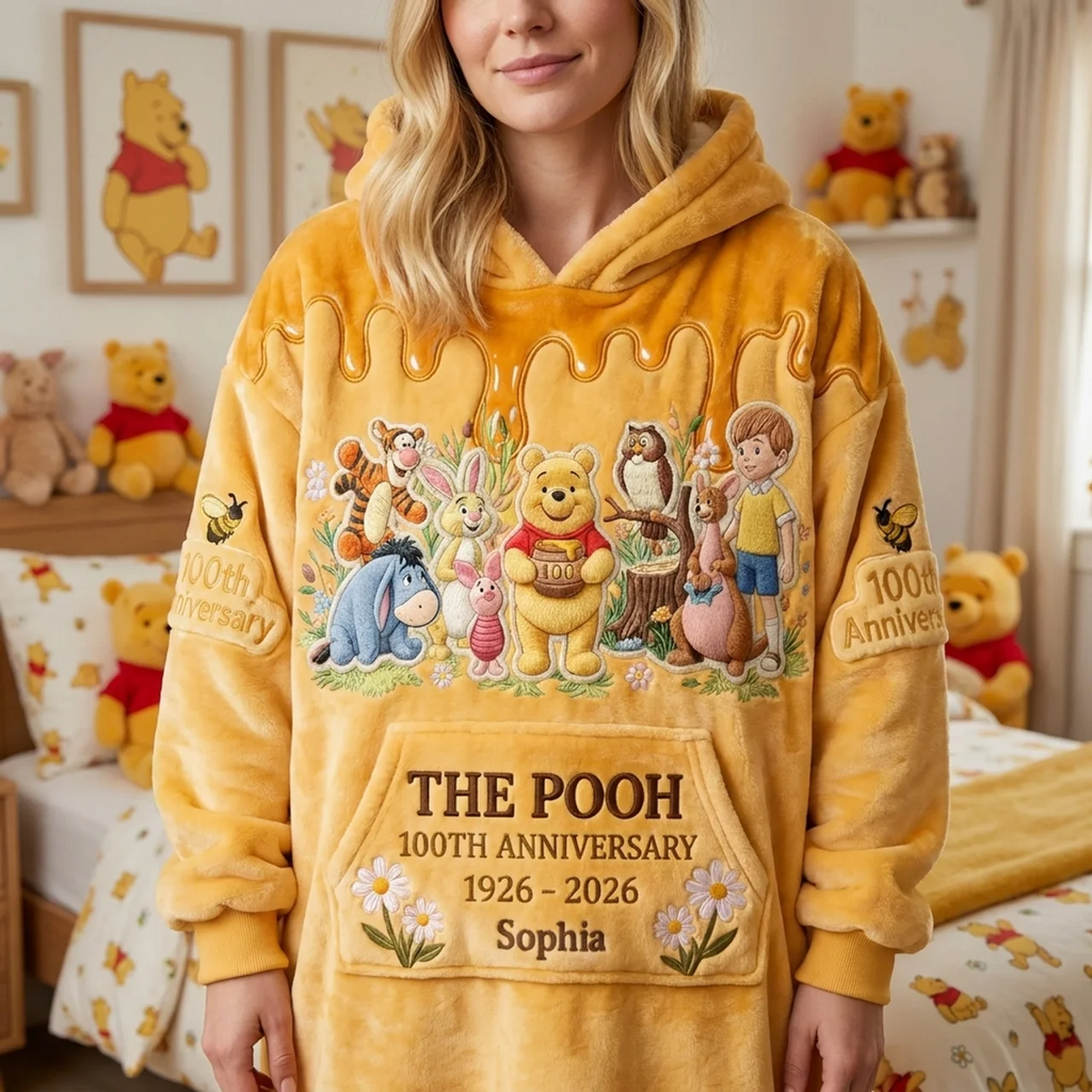 Personalized Pooh Bear Blanket Hoodie Custom Name Gift for Anniversary Blanket Hoodie GradoCreations