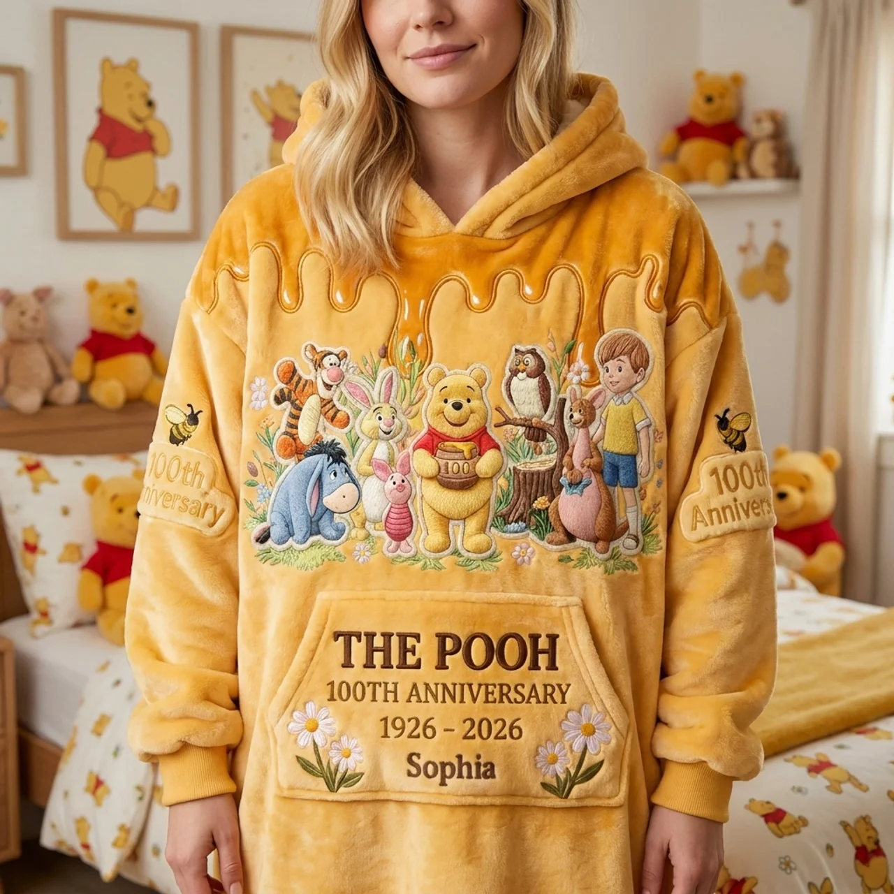Personalized Pooh Bear Blanket Hoodie Custom Name Gift for Anniversary Blanket Hoodie GradoCreations