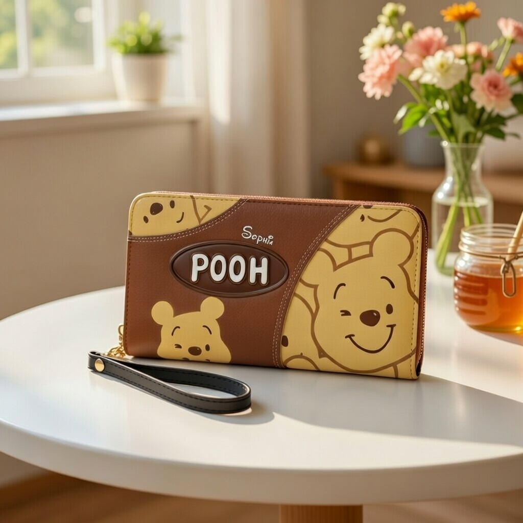 Personalized Leather Long Wallet with Pooh Design Gift Idea