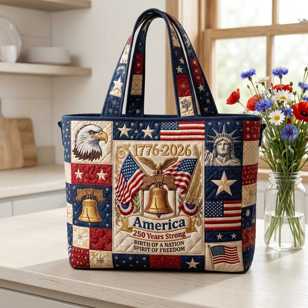 America 250 Years Strong Quilted Tote Bag - Patriotic Gift for Her