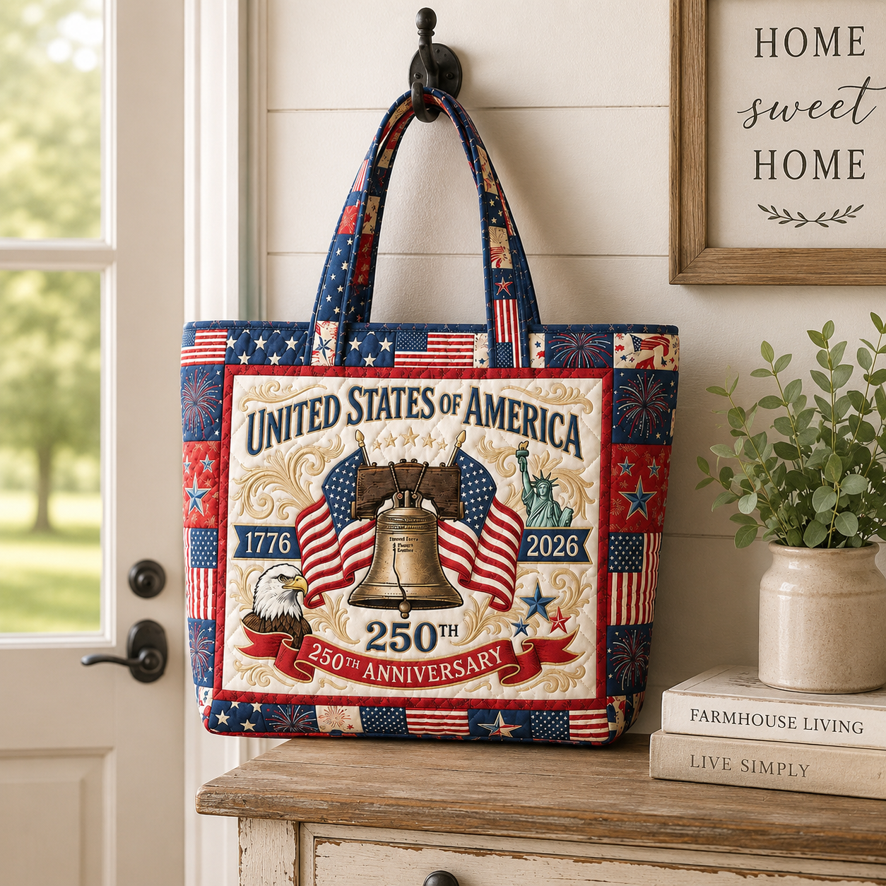 Quilted USA Flag Tote Bag with Liberty Bell Design - Patriotic Gift