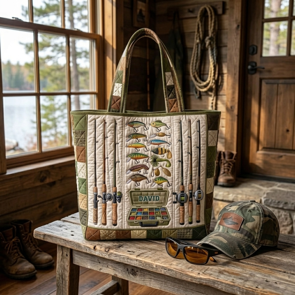 Personalized Fishing Tackle Box Quilted Tote Bag for Dad