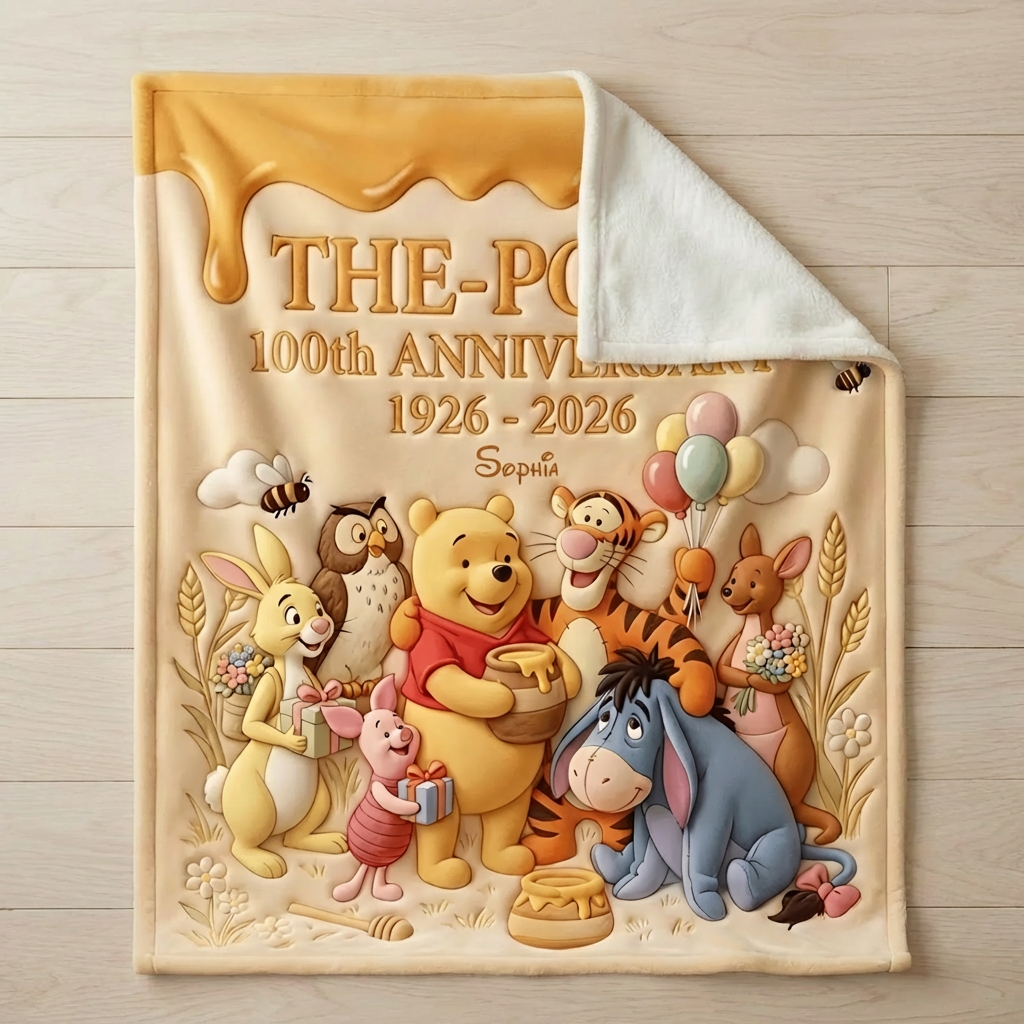 Personalized Winnie the Pooh 100th Anniversary Blanket Gift for Fans